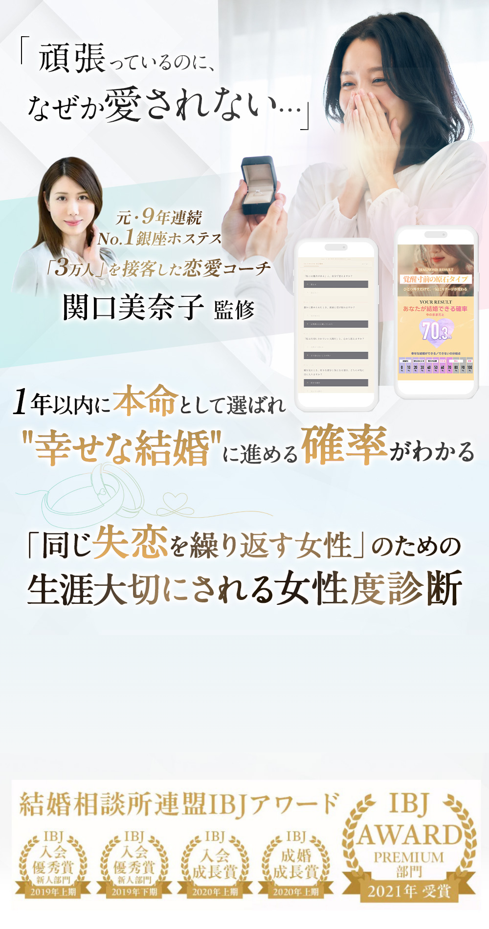 頑張っているのに、なぜか愛されない… 関口美奈子 監修 / 1年以内に本命として選ばれ「幸せな結婚」に進める確率がわかる、ミドル女性のための生涯大切にされる女性度診断 / 結婚相談所連盟 IBJアワード受賞実績